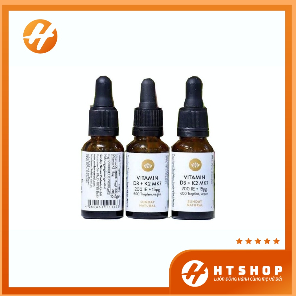 Vitamin D3 + K2 MK7 200I.E Sunday Natural Lọ 20ml Tăng Cường Hấp Thụ Canxi Tối Ưu - Đức