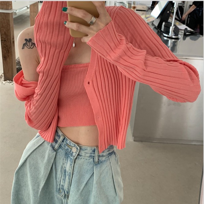 [Baywellfashion]Bộ áo hai dây + áo khoác cardigan màu trơn phối sọc gân phong cách quyến rũ cho phái nữ | BigBuy360 - bigbuy360.vn