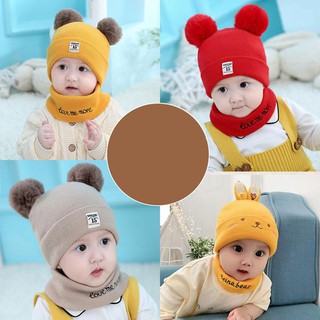 Bộ khăn + mũ len 2 quả bông cho bé