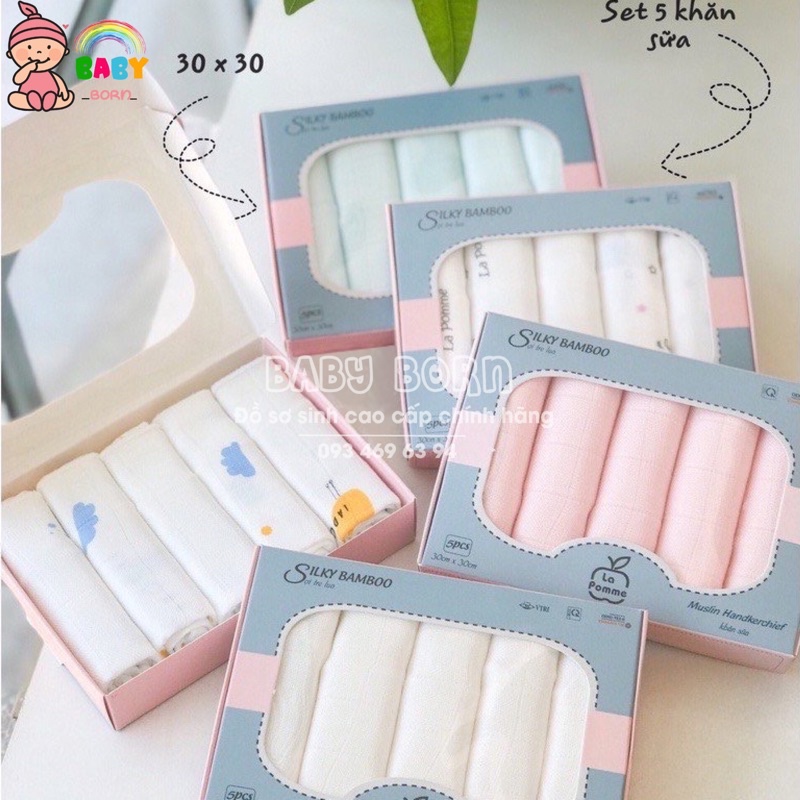 Lapomme - Set 5 khăn sữa sợi tre lụa cao cấp siêu mềm, mịn, kháng khuẩn, thấm hút