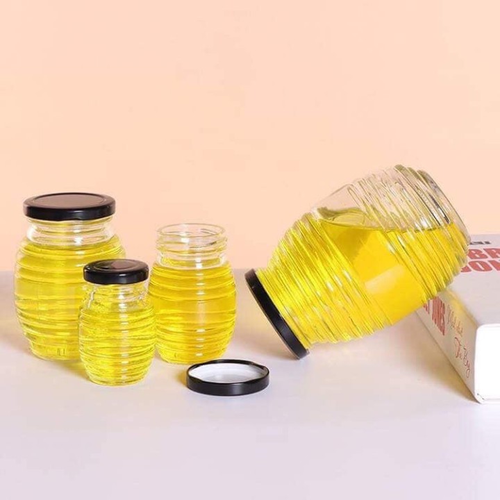 Hũ Thủy Tinh ♥CON ONG♥ 100-200-350-750ML đựng bột nghệ, mật ong nắp thiếc: Đen; Vàng [ RẺ VÔ ĐỊCH ]