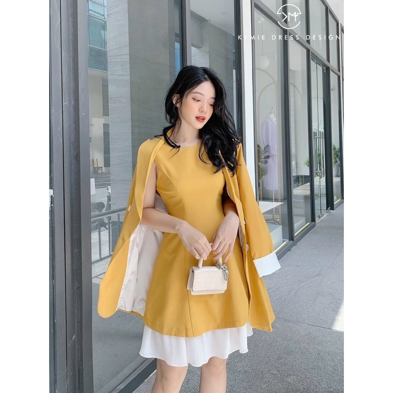 Set áo khoác vest phối đầm xoè dập ly, Combo đầm bèo + áo khoác vest tay dài