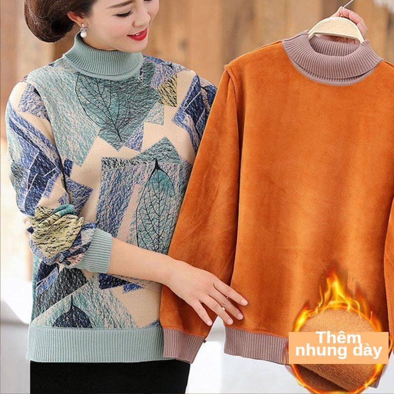 Áo thun tay dài lót nhung dày dặn giữ ấm mùa đông cho phụ nữ trung niên
