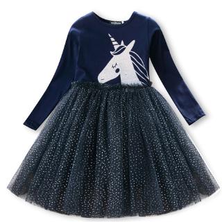 Đầm Công Chúa Tay Dài Đính Kim Sa Hình Kỳ Lân Thời Trang Mùa Hè Cho Bé Gái