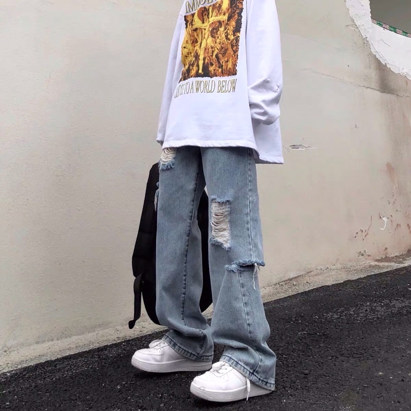 Quần bò jeans ống rộng rách tua rua có big size hiphop Ulzzang siêu chất ❤️