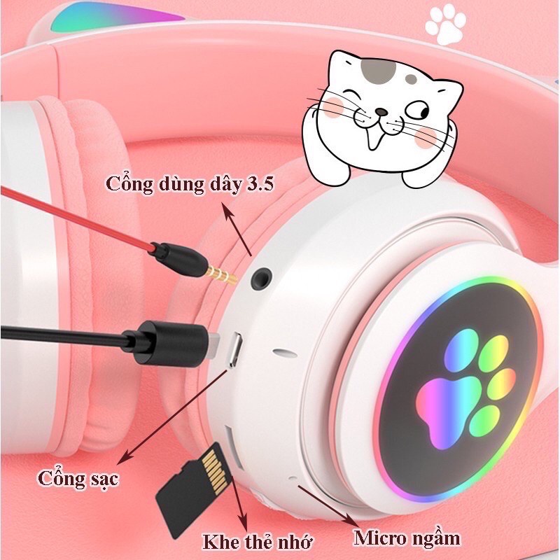 Tai Nghe Mèo bluetooth có mic Headphone Tai Bluetooth 5.0 AKS-28 Có Micro Đàm Thoại, Chơi Game. Headphone Phát Sáng