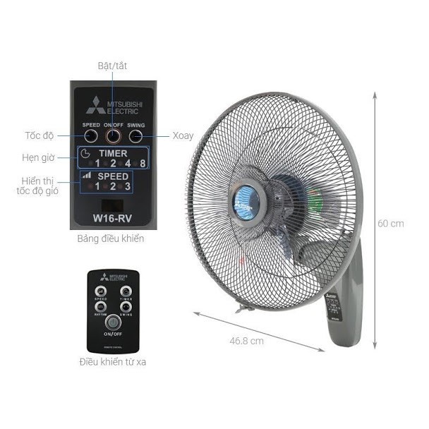 Quạt treo remote Mitsubishi W16-RA CY-GY  W16-RA BL