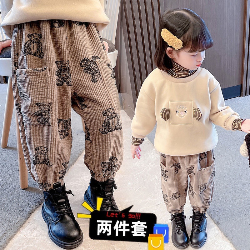 Bộ quần dài nhung kẻ và áo sweater mẫu 2021A thời trang mùa đông xinh xắn dành cho bé gái (Có bán lẻ)