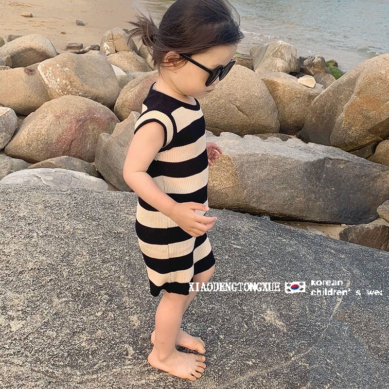 Đầm Sát Nách Kẻ Sọc Dáng Ôm Màu Đen Phong Cách Phương Tây Thời Trang Mùa Hè Cho Bé Gái