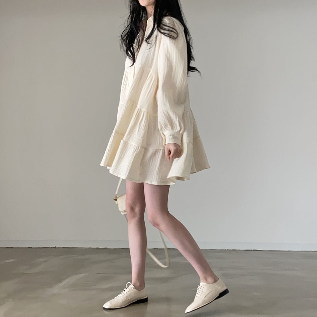 Đầm chữ A cổ bẻ tay phồng dáng rộng phối nút phong cách Hàn Quốc đơn giản plus size