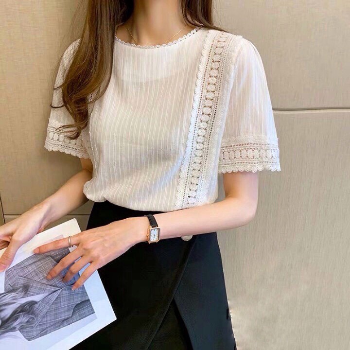 [Ảnh thật] Áo sơ mi babydoll cổ tròn cộc tay ren hai bên - Áo kiểu nữ ren cổ cách điệu ulzzang