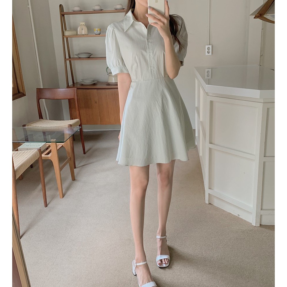 Đầm 44778 thời trang tay ngắn lưng cao màu trơn phong cách Hàn Quốc thanh lịch