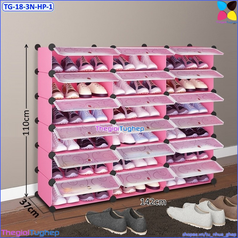 Tủ giầy nhựa lắp ghép 18 ô, 3 cột 6 tầng, có cửa, để được 36 đôi giày (màu: Đen vân, Vàng trơn, Xanh dương, Hồng phấn)