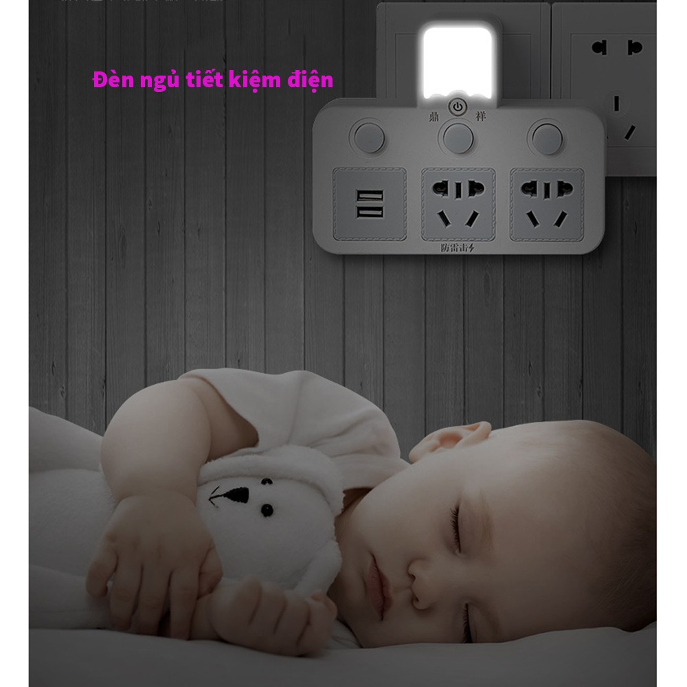 Ổ cắm điện 2 chân thông minh đèn ngủ cảm ứng cắm sạc 2 usb chống sét cao cấp