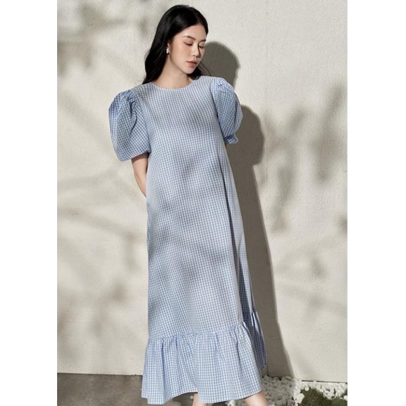 Đầm maxi caro dáng suông tay bồng vnxk