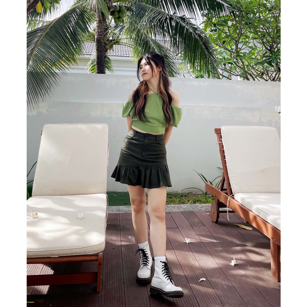 Chây váy kiểu 2 lớp xếp li dưới thời trang GAGO màu rêu GO4060