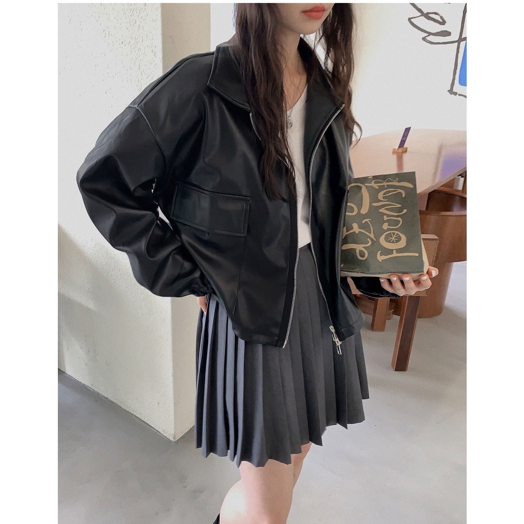 Áo khoác da PU phối túi đơn giản thời trang cho nữ 45925