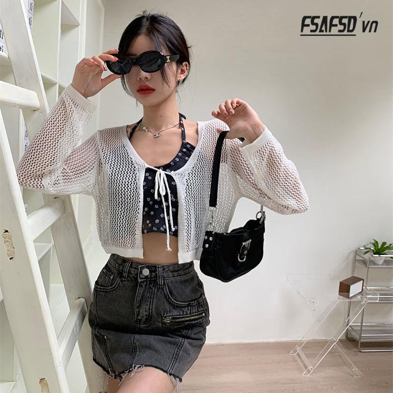 Áo Cardigan Dệt Kim Tay Dài Cổ Chữ v Thiết Kế Thoáng Khí Thời Trang Mùa Hè Xinh Xắn Cho Nữ