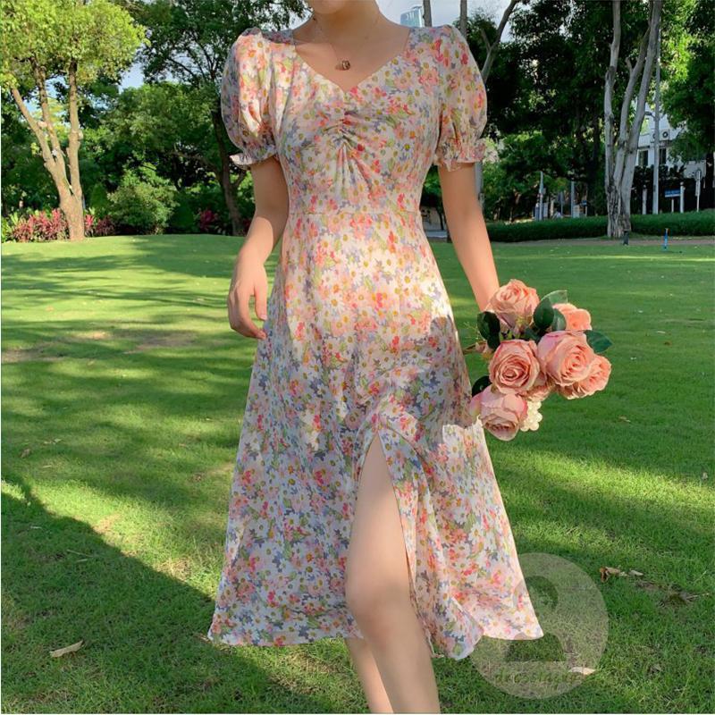 Đầm Hoa Tay Phồng Cổ Chữ V Xẻ Tà Thời Trang Mùa Hè Cho Nữ