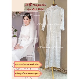 Áo dài gấm truyền thống màu trắng-kèm ảnh thật