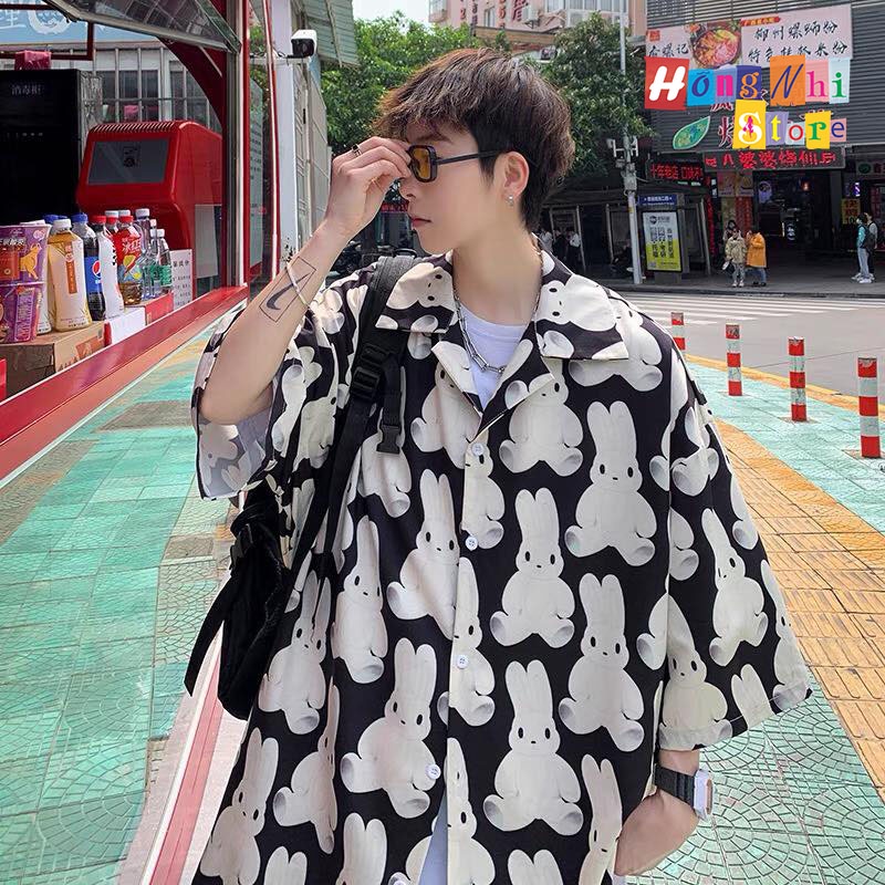 Áo Sơ Mi Họa Tiết Đi Biển Con Thỏ Trắng Hoạt Hình Tay Lỡ Dáng Rộng Ulzzang Unisex - MM