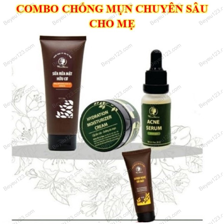 Combo Giảm mụn chuyên sâu Wonmom - An toàn cho Mẹ bầu và sau sinh (1 sửa mặt, 1 tẩy nghệ, 1 serum mụn, 1 kem dưỡng mụn)