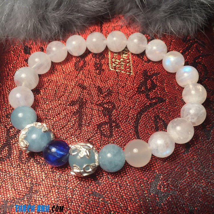Vòng tay đá mặt trăng mix đá kyanite và đá aquamarin