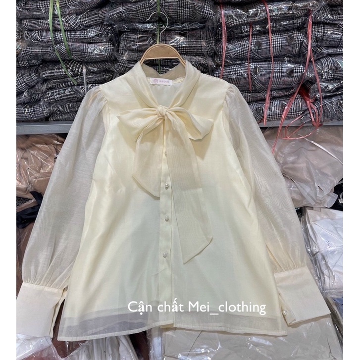[Ảnh thật/sẵn] Áo sơmi tơ thiết kế tay bồng cổ nơ thanh lịch/ đồ công sở/ sơ mi cúc ngọc