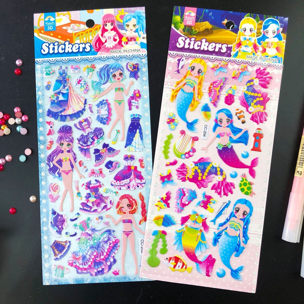 Sticker nhãn dán nổi 3D công chúa, nàng tiên cá hình ảnh đẹp sắc nét dành cho bé gái