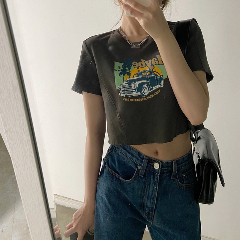 Áo Croptop Ngắn Tay In Hình Phong Cách Hàn Quốc Năng Động