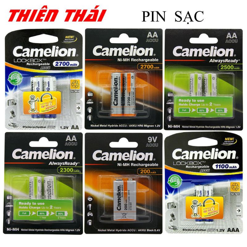 Pin sạc AA / AAA / 9V Camelion 2700,2500,2300,1100,900,200 mAh 1.2V / 9V - Vỉ,Pin chính hãng Camelion