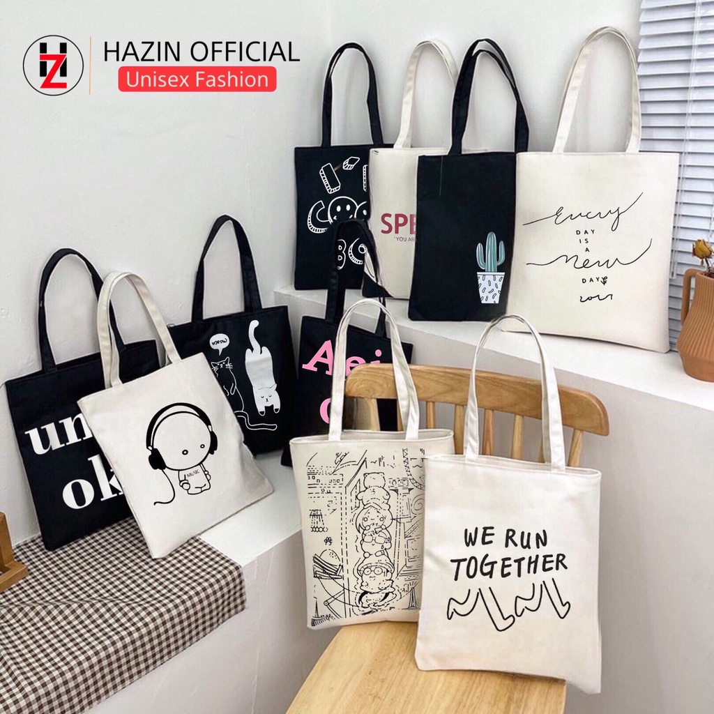 Túi tote HAZIN vải canvas mềm dày dặn có khoá miệng nhiều mẫu xinh đựng vừa khổ A4 HZA44