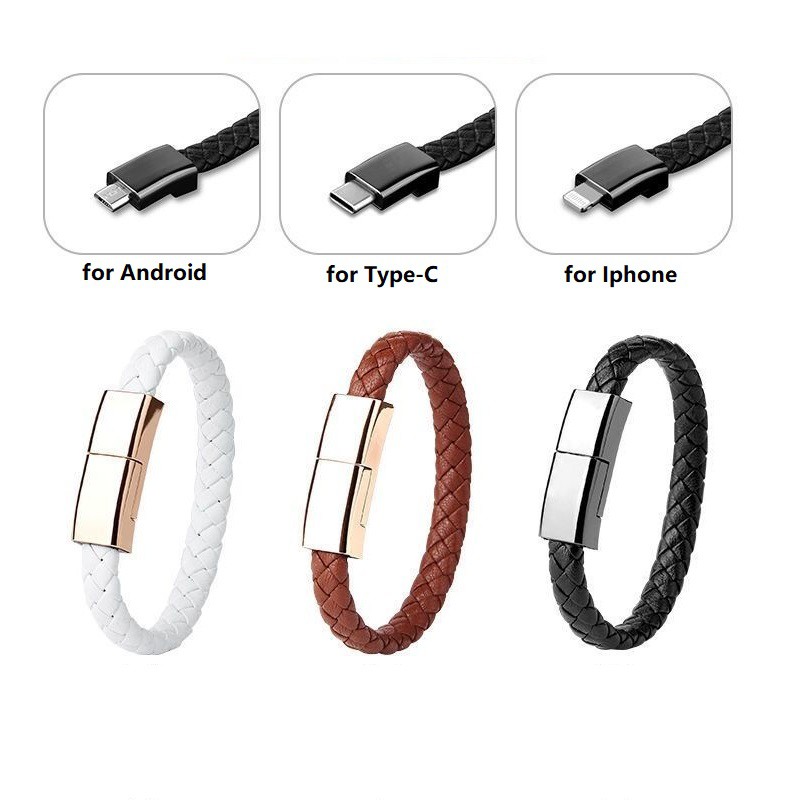 Dây Cáp Sạc USB Dạng Vòng Tay Bện Dây Da Chống Thấm Nước Thời Trang Cho iphone Android
