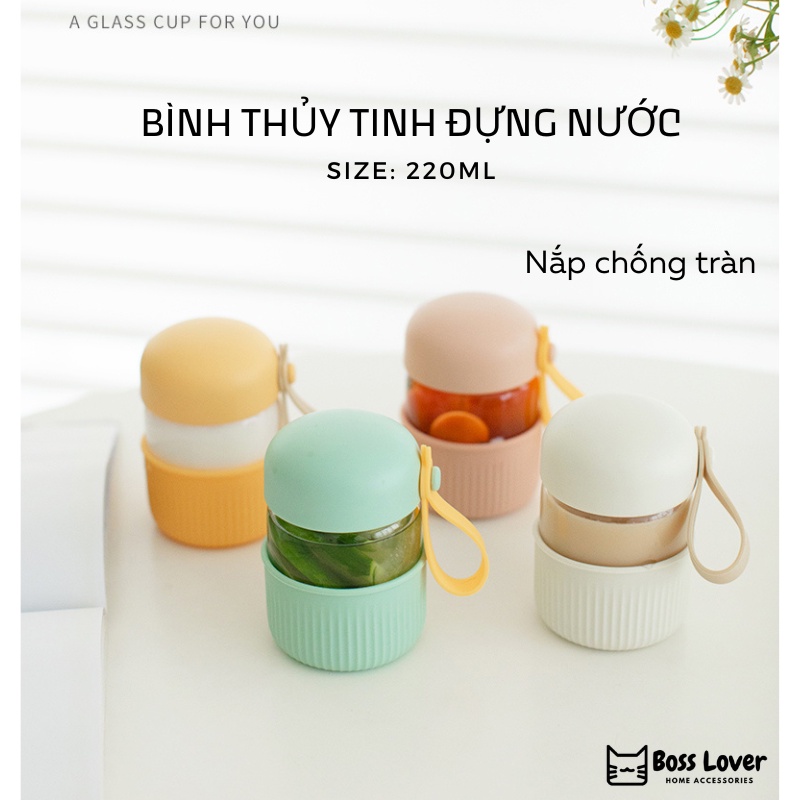 Bình nước thủy tinh nắp chống tràn nhỏ gọn