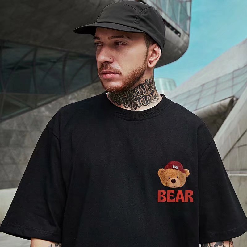 Áo Thun Tay Ngắn Cổ Tròn Dáng Rộng In Hình Gấu Hoạt Hình Phong Cách Hàn Quốc Thời Trang Mùa Hè Cho Nam Size M-8XL