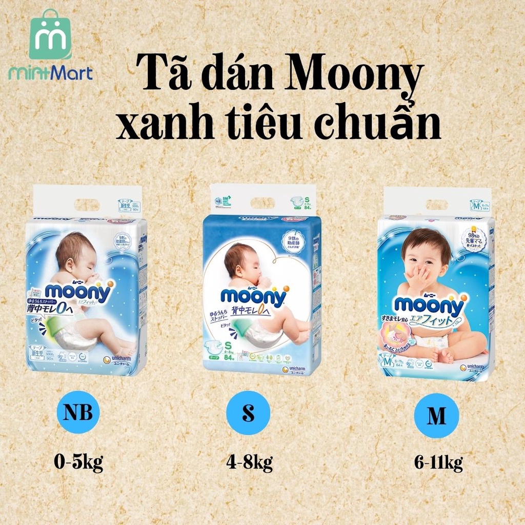 Tã/bỉm Moony nội địa Nhật xanh tiêu chuẩn/cộng miếng/Moony natural trắng dán/quần đủ size