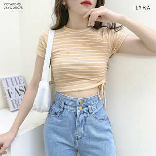 Áo croptop kẻ ngang rút dây 1 bên eo LYRA, chất thun tăm dáng ôm ngắn tay xinh xắn, đáng yêu-VXYAP0115