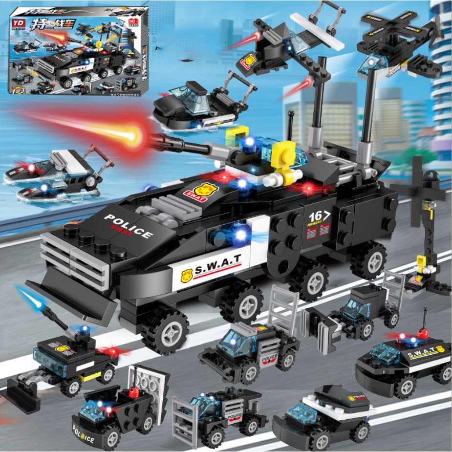 Đồ chơi lắp ráp mô hình cảnh sát SWAT - Lắp ráp rô bốt - Xe chỉ huy - Máy bay trực thăng - Đội đặc nhiệm