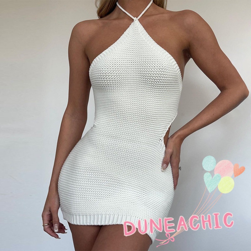 DUNEA Đầm body dệt kim màu trơn thiết kế hở lưng quyến rũ