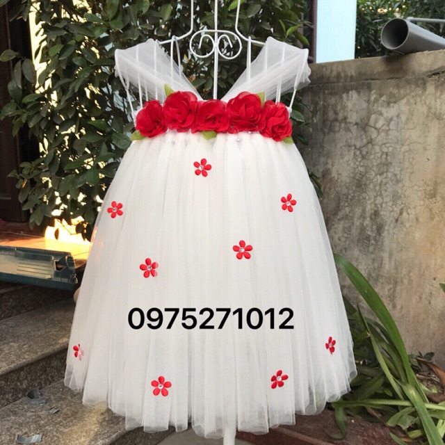 Đầm tutu cho bé ❤️FREESHIP❤️ Đầm tutu trắng hoa chifon đỏ cho bé gái