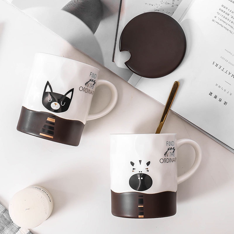 Cốc sứ kèm nắp và thìa ly sứ cafe 360ml hoạ tiết hoạt hình dễ thương dùng làm quà tặng, decor góc làm việc - SunstoreVN