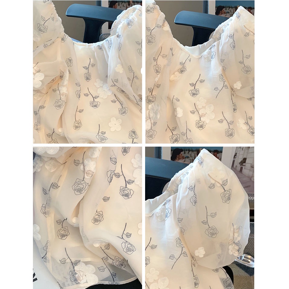 Áo Chiffon Tay Phồng Trễ Vai In Họa Tiết Hoa Phong Cách Pháp Thanh Lịch Kiểu Mới