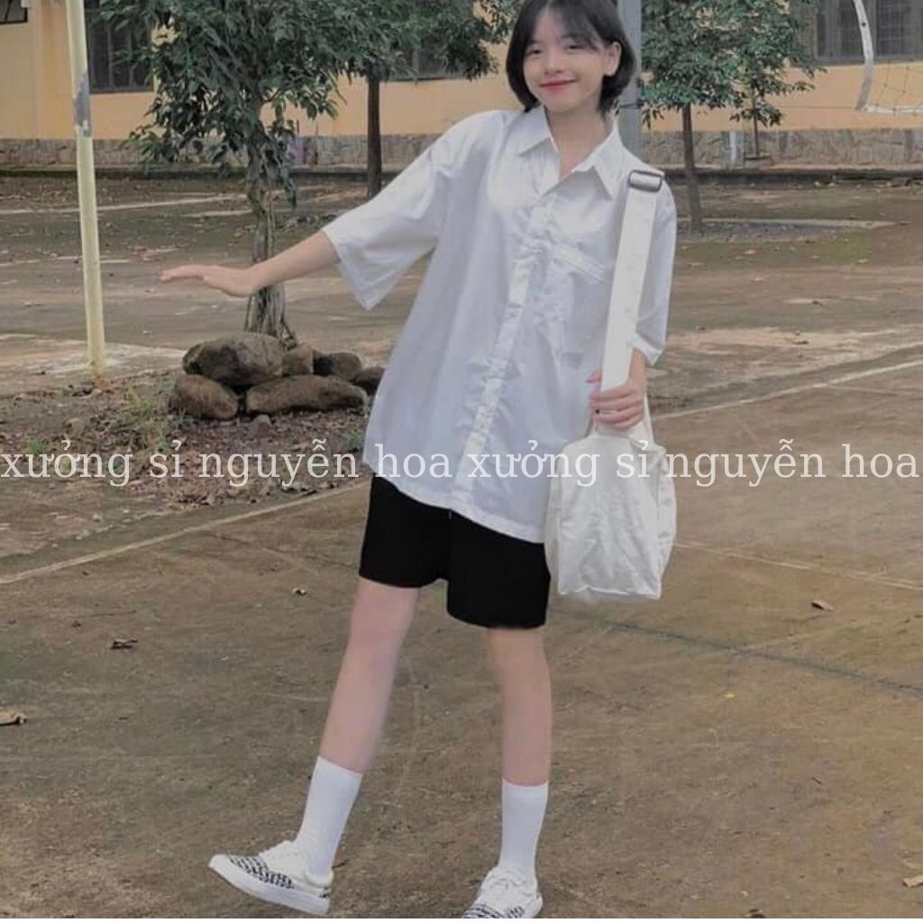 Áo sơ mi trắng unisex ngắn tay túi ngực form dáng rộng nam nữ mặc được Xưởng Sỉ Nguyễn Hoa | WebRaoVat - webraovat.net.vn