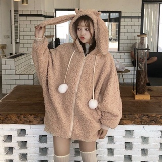 Cài áo khoác len lông cừu có mũ trùm đầu dễ thương Hàn Quốc dễ thương khóa kéo áo khoác len lông cừu sang trọng
