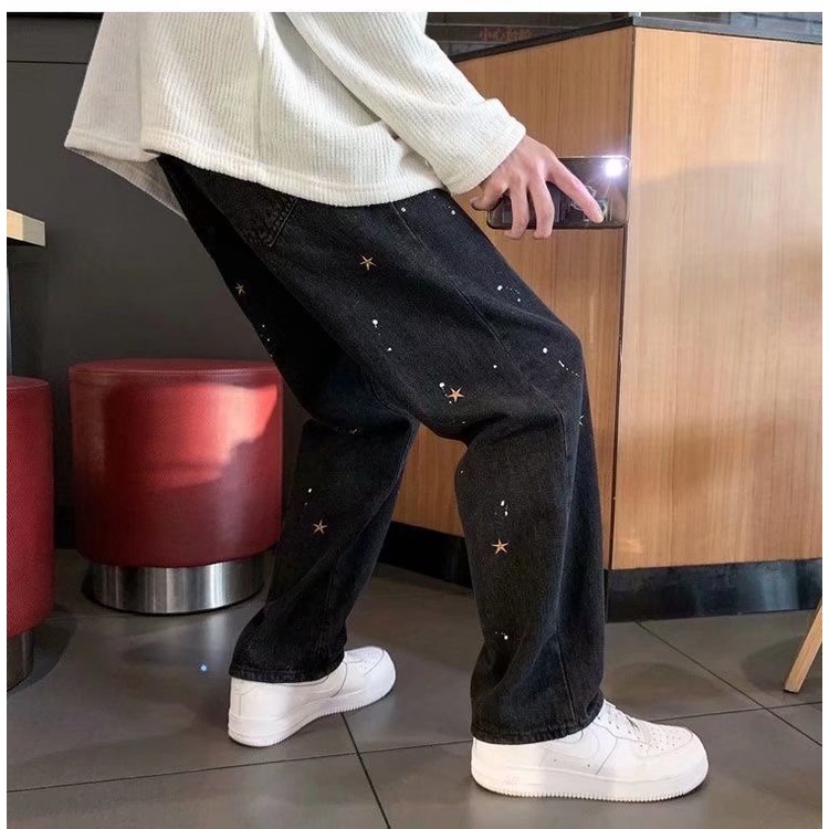 Quần jean dài dáng rộng thêu họa tiết ngôi sao cá tính thời trang dành cho nam