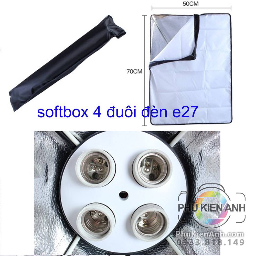 Softbox 50×70 gắn 1 đuôi đèn, 4 đuôi đèn e27, không kèm chân đèn
