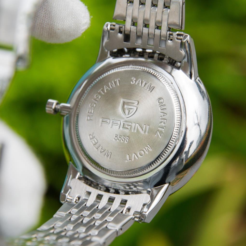 Đồng Hồ Nam Pagini PA5588 - Đính Kim Cương Nhân Tạo - Dây Thép Đúc Đặc - Khóa Cánh Bướm Sang Trọng