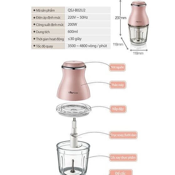 Máy Xay thịt, Thực Phẩm Mini Đa Năng Bear QSJ-B02U2_Máy Xay Sinh Tố Cầm Tay Mini, Xay Tỏi Ớt, Thịt Cá Tôm,.._BH 18 Tháng