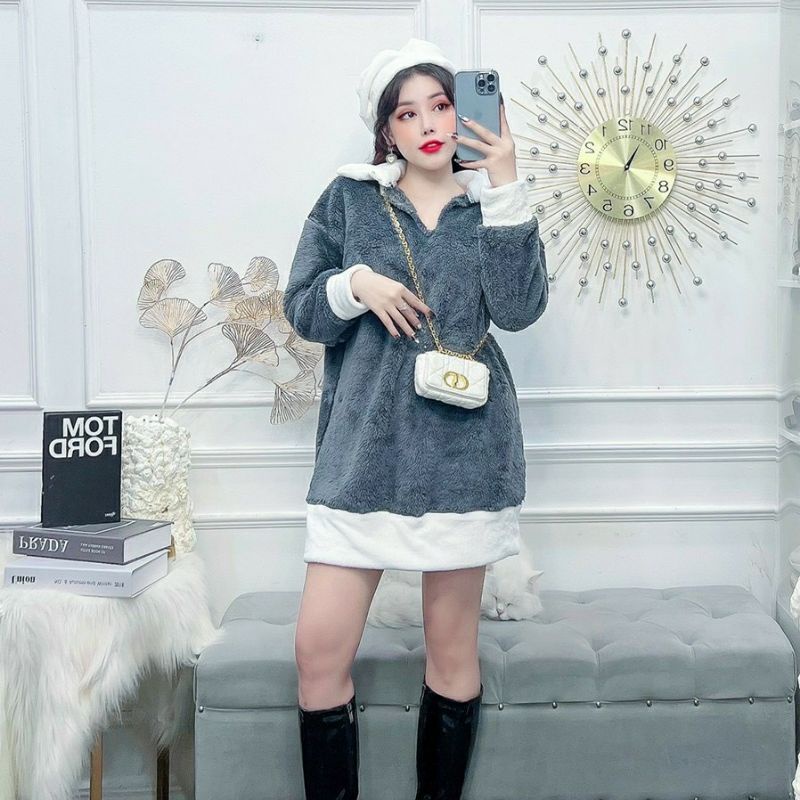 Đầm suông lông cao cấp, set váy lông mềm mịn kèm mũ Mã V01 hàng New Duzu Store