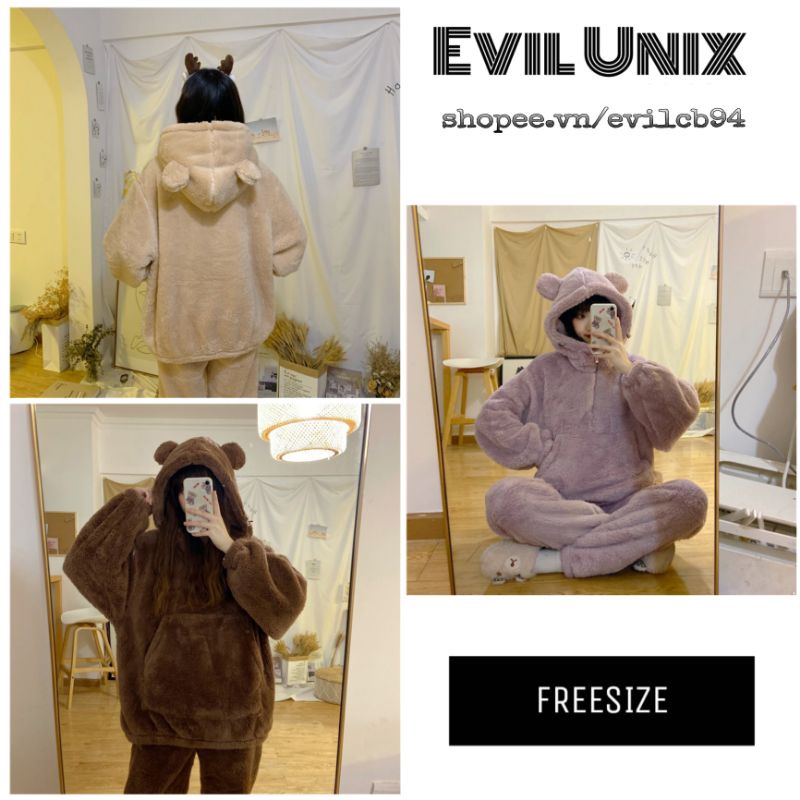 Bộ ngủ pijama nỉ bông xù mũ tai gấu đôi nam nữ, bông xù siêu dày ấm đáng yêu